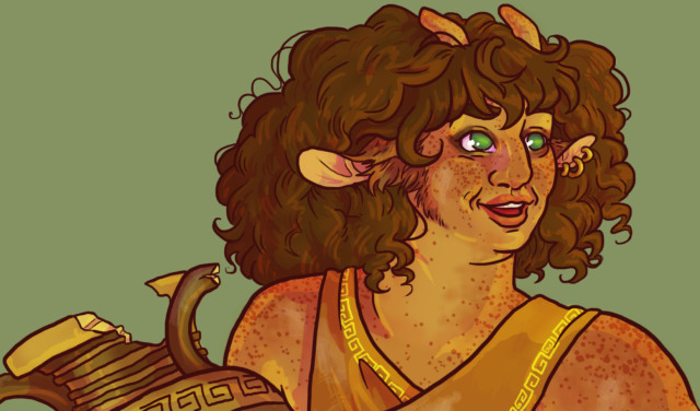 A close up on a drawing of a satyr woman with tanned freckly skin and dark curly hair. She has green eyes with dark smudged make-up and dusty marks on her skin. She has two small horns and goat-like ears with golden hoops. She is holding an old dusty vase.