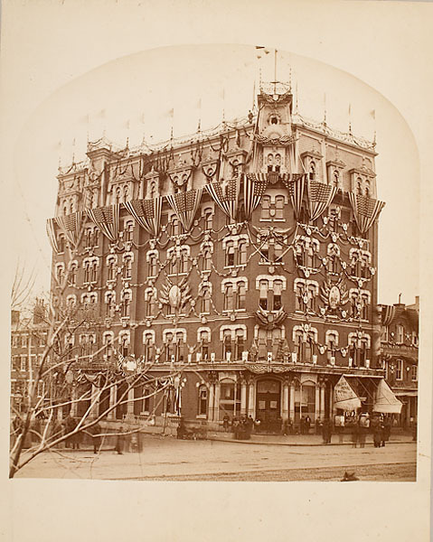 ca. 1889, [albumen print of the Shepherd Centennial Building lavishly decorated for the Benjamin Har