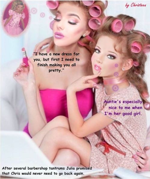 kim1girl:November 2019 PDQ-  1399 -11/2/19 - It’s curlers for Chris as a dainty little miss.  How lucky that Chris gets to be a niece and become pretty in his pink party dress with his earrings and cascading curls. No more barbers for sure- Chris
