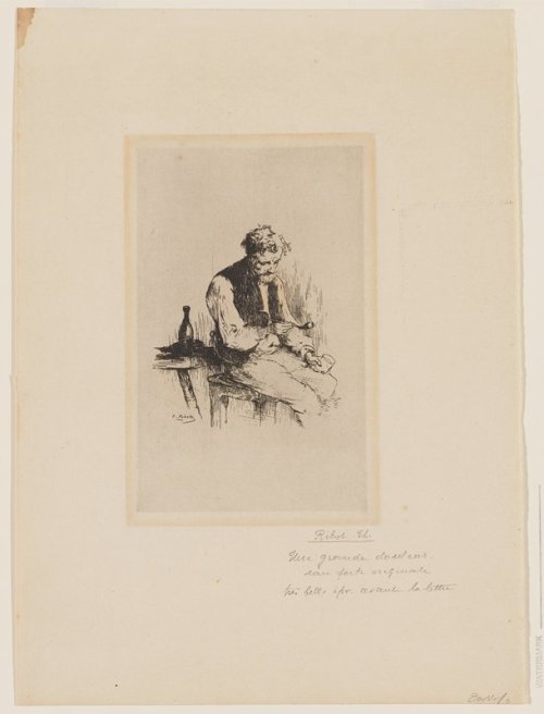 mia-prints-and-drawings:  A Great Sadness, Augustin Théodule Ribot, 1868, Minneapolis Institute of Art: Prints and Drawingsman with unkempt hair and beard, seated on a stool, shoulders slumped, wearing a shirt, pants and vest, looking down at a pipe