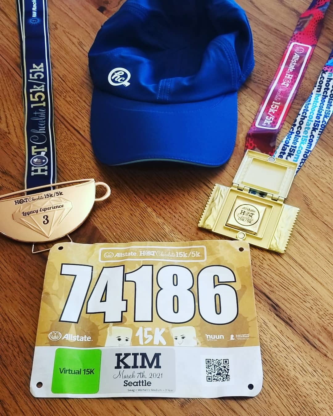 Hey guys….I made it! Did the Hot Chocolate 15k today. I’ve been a little under the weather so it was a bit of a toughie. Had to walk a little of it. Made it though and celebrated with the little piece of chocolate that was hidden in my medal...