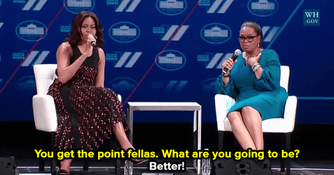 wilwheaton:micdotcom:On Tuesday, at the United State of Women Summit in Washington D.C., first lady Michelle Obama sat down with Oprah Winfrey for a wide ranging chat. When the topic turned to what men can do for equality, Obama had two repeating words,