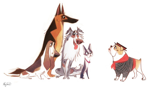 megpark:Some character design and vis dev work I did on a commercial pitch earlier this year. Sadly it wasn’t picked up. An Italy-loving bulldog at the dog park with his friends! 