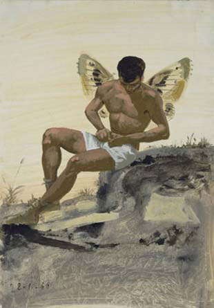 yiannis-tsaroychis: Winged spirit buttoning his underpants, 1966, Yiannis Tsaroychiswww.wiki