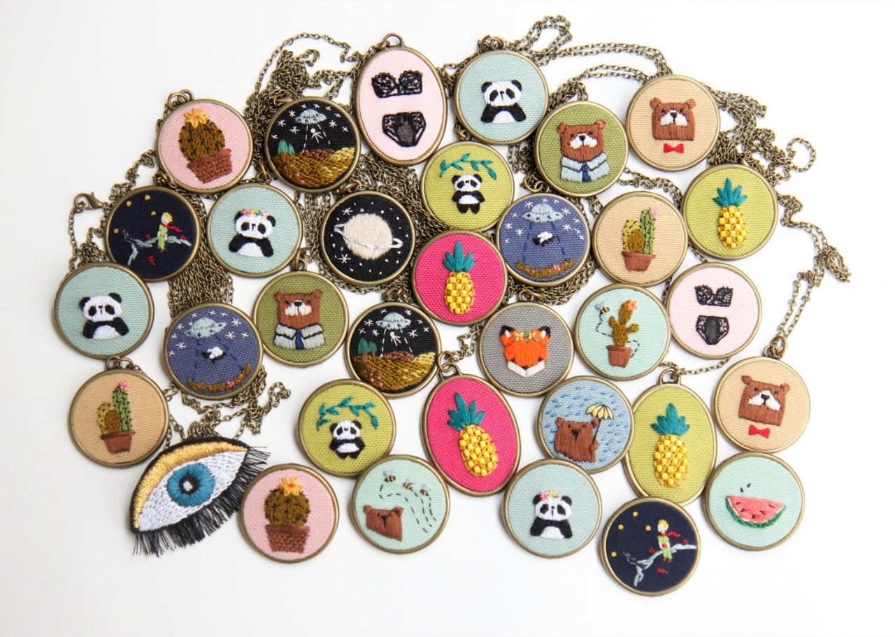sosuperawesome: Embroidered Pendants and Pins, by Gamze Diplen on Etsy  See our ‘embroidery’