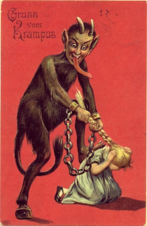 ex0skeletal:  Krampus is a beast-like creature from the folklore of Alpine countries thought to punish children during the Christmas season who had misbehaved, in contrast with Saint Nicholas, who rewards well-behaved ones with gifts. Krampus is said