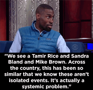 anexperimentallife:  mediamattersforamerica:  DeRay McKesson talks “Black Lives Matter” and helps Stephen Colbert address his privilege.  I like the symbolism here of them  physically trading places. 