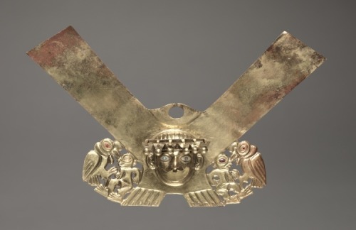 Nose Ornament with Human Head and Condors Attacking Humans, c. 100-300 Peru, North Coast, Moche cult