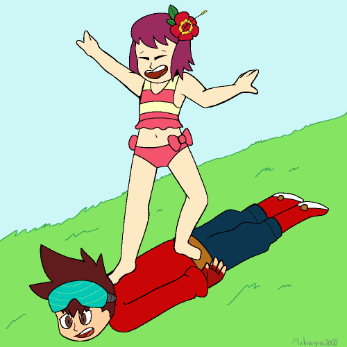 From Star Force, Can You Please Draw Sonia (in Her Star Force 2 Swimsuit) Standing On Geo's Back Pretending
