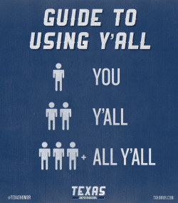rollerskateking:  flighty-prick:  texashumor:  A guide for using “y’all”:  Accurate  i thought i was going to be mildly offended but this is actually accurate to an alarming degree  