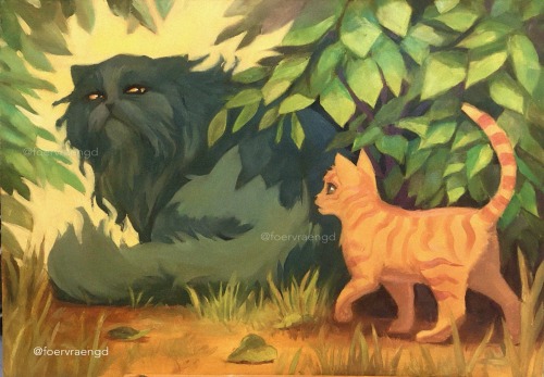 Oil painting of a young ginger kitten approaching a much older cat hidden among the foliage. The older cat is a grey persian with long messy fur, she is looking suspiciously at the young cat.