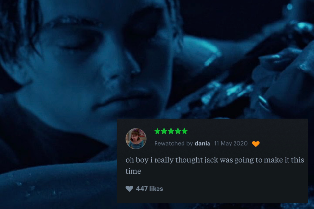 [id: photo of jack dawson from the 1997 titanic. he is floating in the water, dead. a screenshot of a letterboxd review, covers the bottom part of the image. it reads: oh boy i really thought jack was going to make it this time. end id]