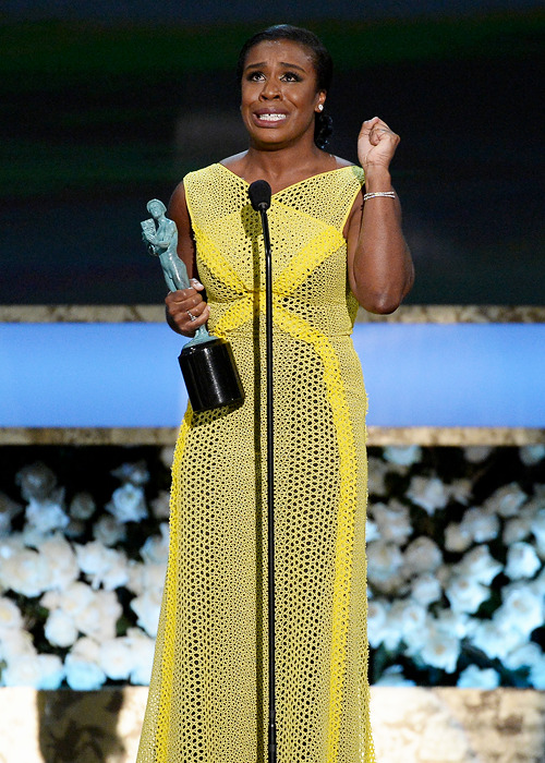ikonicgif:   Uzo Aduba accepts the award for outstanding female actor in a comedy series for “Orange is the New Black” on stage at the 21st annual Screen Actors Guild Awards 