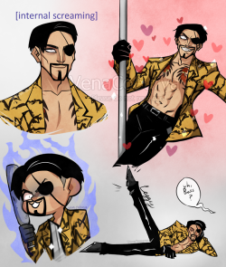 venacoeurva:   I’ve picked the Yakuza series back up so here have some of this chaotic gremlin who I enjoy very much (also I had to stave off an art block by drawing small stupid stuff SO,)   -Don’t reupload/edit/use without proper credit, ask first