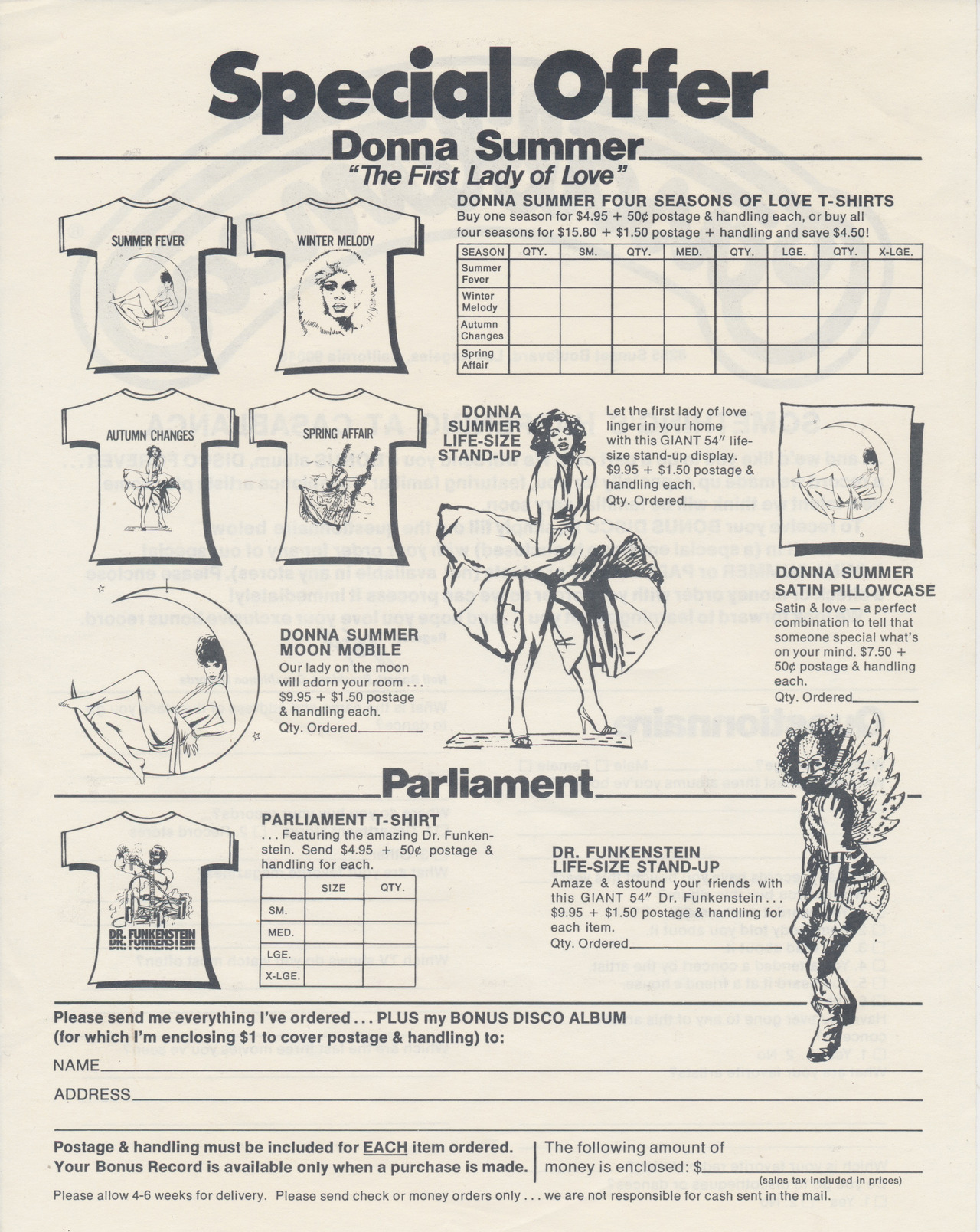 An order form for Donna Summer and Parliament merch issued by Casablanca Records in 1976. Found inside an old copy of Clones of Dr. Funkenstein by Parliament. I would kill for either/both of these Parliament items.