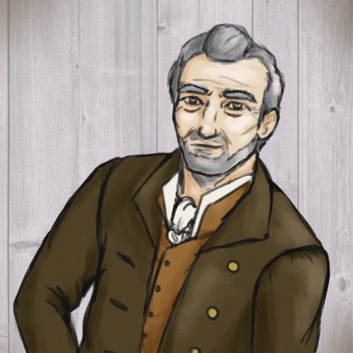 [ID: a digital painting of an old white man against a light wood-textured background. He has gray ha