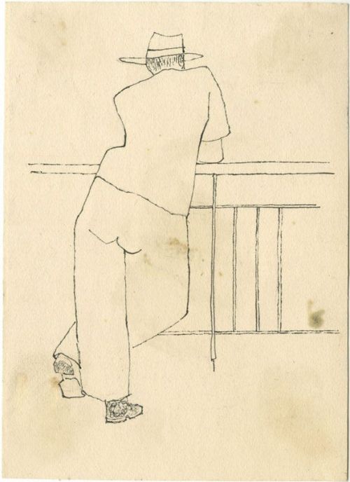 Man with Hat leaning on Balcony  -    Alex Katz ,c.1940s .American,b.1927 -Black ink on paper, 6 &fr