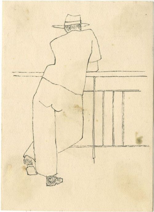 Man with Hat leaning on Balcony  -    Alex Katz ,c.1940s .American,b.1927 -Black ink on paper, 6 &fr