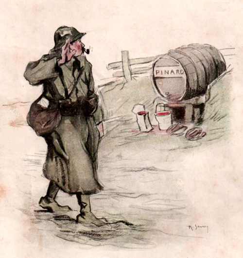 1917 cartoon depicting a French soldier saluting a barrel of Father Pinard, the brand of wine issued
