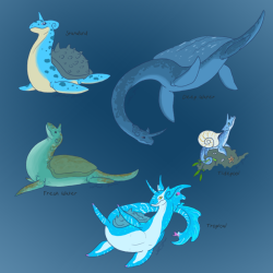 shiverdamnation:  Since everyone is doing it, various flavors of Lapras!Deep water is inspired by leatherback sea turtles, fresh water by softshell turtles, tidepool by snails, and tropical by lionfish!