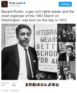 lagonegirl:    Bayard Rustin was born in West Chester, Pennsylvania, on March 17, 1912. He moved to New York in the 1930s and was involved in pacifist groups and early civil rights protests. Combining non-violent resistance with organizational skills,