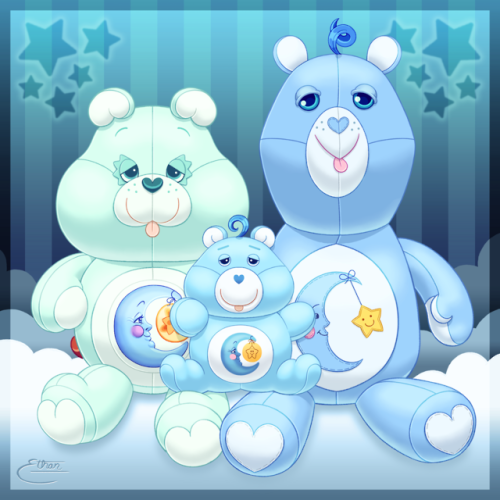 Commission for my Care Bear friend of her vintage Kenner Bedtime Bear, her Beanlings Bedtime Bear an