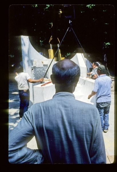 noguchimuseum: Isamu Noguchi supervising the installation of his largescale marble piece, Slide Mant