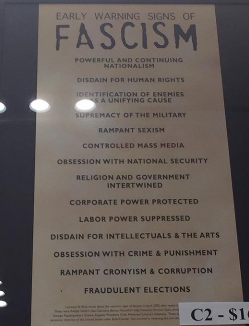 thatspectacularpigeon: jackscarab:  micdotcom:  US Holocaust Museum’s “early warning signs of fascism” sign is going viral The United States Holocaust Memorial Museum wants to make sure that fascism doesn’t make a comeback.  A Twitter user snapped