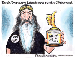 cartoonpolitics:  &lsquo;Duck Dynasty&rsquo; patriarch Phil Robertson, notorious for his public criticisms of homosexuality and gay marriage, is to be honored by the Conservative Political Action Conference (CPAC) this month with a 'free-speech&rsquo;
