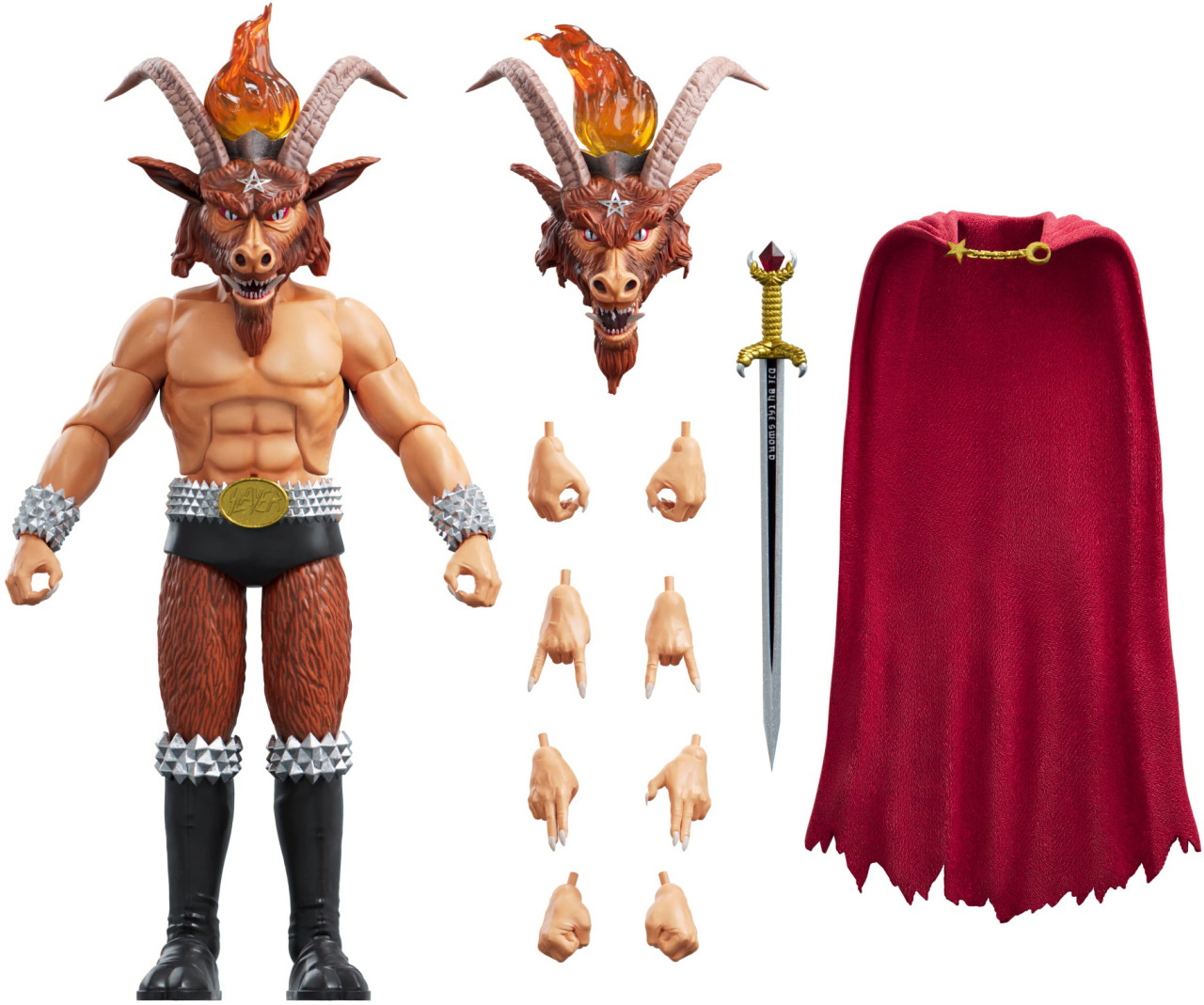 The minotaur from the cover of Slayer’s 1983 debut album, Show No Mercy, is joining Super 7’s Ultimates toy line. Expected to be delivered in July 2023, its available to pre-order for $55 until June 24.The 8” action figure comes with two interchangeable heads, ten interchangeable hands, sword, and cape. Its housed in a slipcase box (pictured below). #slayer #show no mercy #thrash metal#tom araya#kerry king#jeff hanneman#dave lombardo #metal blade records #super 7#toy#gift #reign in blood #minotaur#heavy metal#thrash