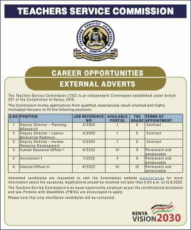 TSC Advertises Vacancies Of Upto SH.288,000 Salary; How To Apply