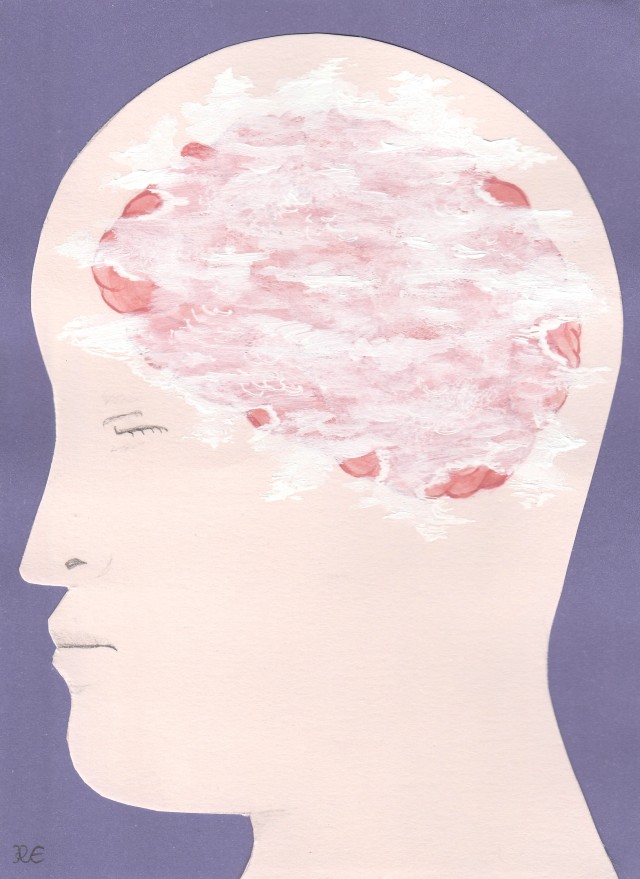 Simple outline drawing of the profile view of a head, eye closed and the brain visible, on cream card, against a purple background. The brain is painted in a dull pink colour - with most of the brain covered by a white opaque painted cloud of fog which sits across the top of the head. In the bottom left hand corner of the image is the artist initials "R.E." in black ink.