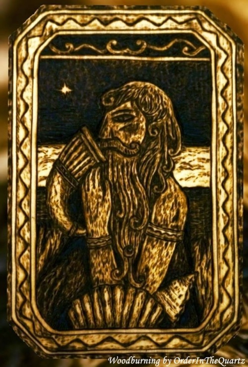 “The Sea God” ~ my own woodburning, made in early 2016. 