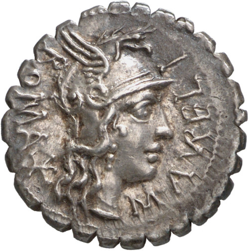 A coin from Narbonne that was the first Roman colony in Gaul, c. 118 BCE.Obverse: Goddess Roma with 