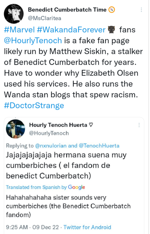 Fake Tenoch Huerta Fan Page, Spewing Hate Against Benedict. Likely Matthew Siskin Or Adam Ackland For