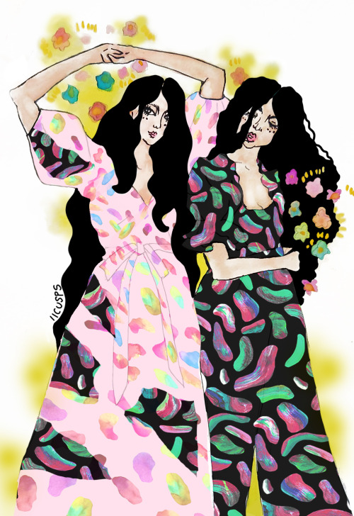 two of my paint drop prints available on spoonflower shown on a watercolor fashion illustrationby an