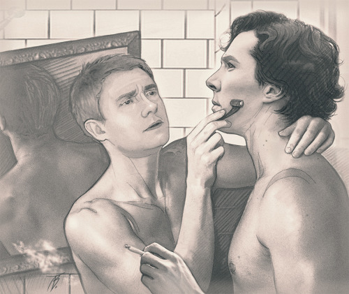 tendalee: Another digital drawing of Johnlock, as an experiment  “Morning shave”