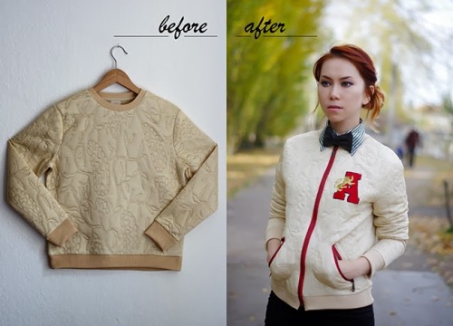 DIY Varsity Letterman Jacket Tutorial from Fashionrolla here. For lots of sweatshirt restyles and DI