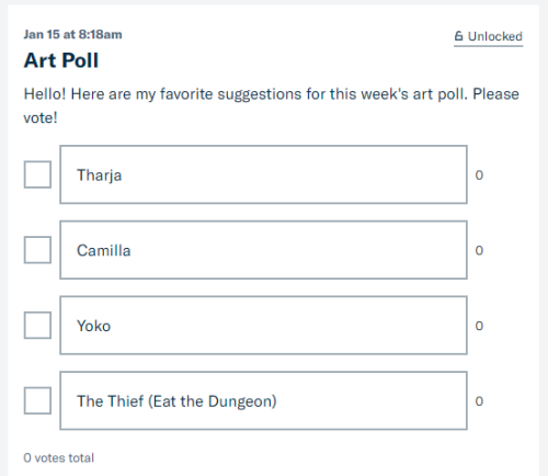 This week&rsquo;s poll is up for all patrons! www.patreon.com/posts/art-poll-23996565