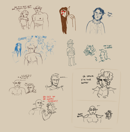 a bunch of doodles of morrowind shenanigans, including mine and @cayemms nerevarines !! bahl and iri