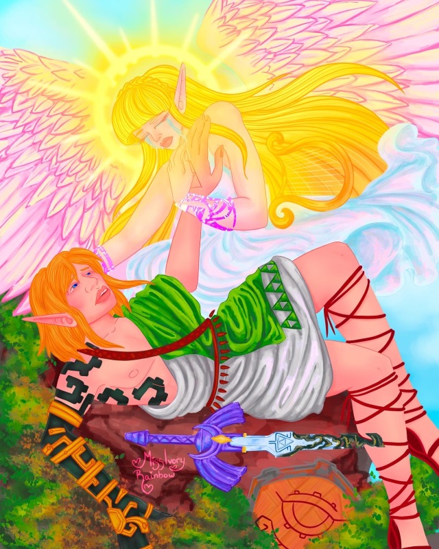 Image description: digital painting of link and Zelda from breath of the wild 2. Link lays dramatically on a rock reaching up toward zelda as the goddess. She cries as she embraces his outstretched arm. The master sword lays broken on the ground next to him 