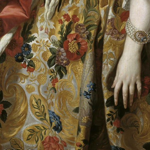 wonderwarhol: Detail of Official portrait of Queen Isabel de Farnesio, 1739, by Louis-Michel van Loo