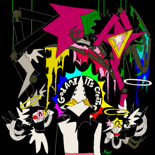 A drawing of Swatch standing below a sideways, dangling Spamton Neo. Spamton Neo has no head, and his wings are torn up. Two of the smaller Spamton angels are flying to the left and right of Swatch. Surrounding Swatch's head is a rainbow halo, and the text "A god and its creator".