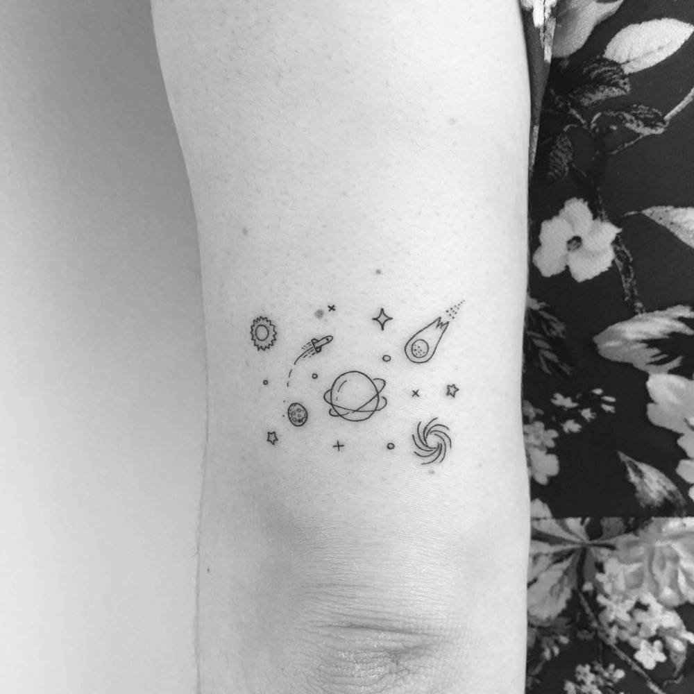 smallforearmtattooofplanetwithstarsarounditmoonandstarstattoo galaxycolorsinside  Galaxy tattoo Planet tattoos Star tattoos