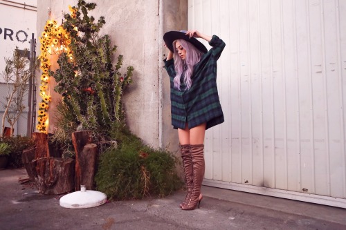Fashion blogger Roca Fox in Blu Boutique Lace-Up over-the-knee Boots, a Windsor Kylie Plaid Tunic, a