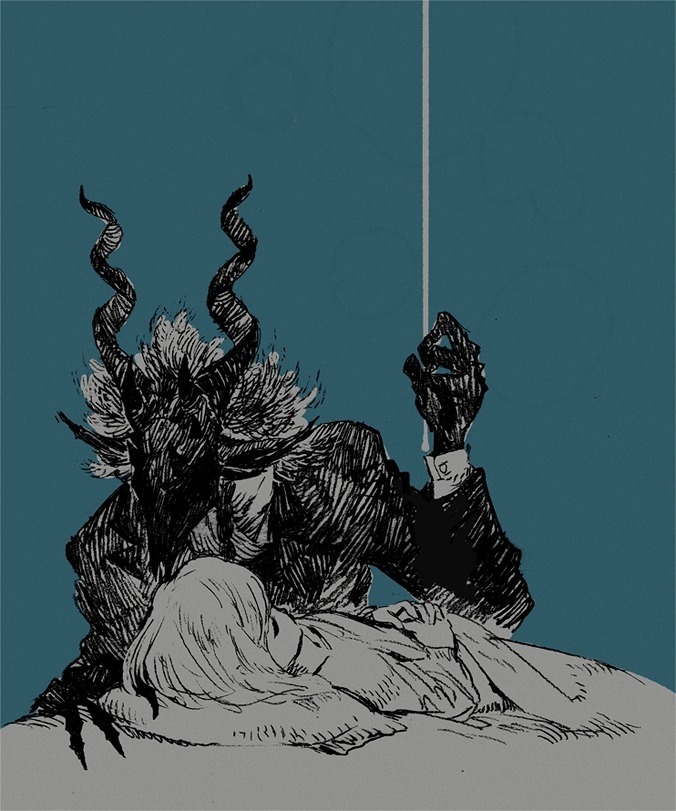 xxholding-on-by-a-threadxx:  • he has horns and scares little children but you