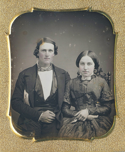 daguerreotypeimages:Their very worn sixth size leather case had two lovebirds embossed on the covers