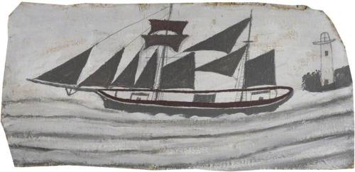 Schooner in Full Sail near a Lighthouse, 1928, Alfred Wallis