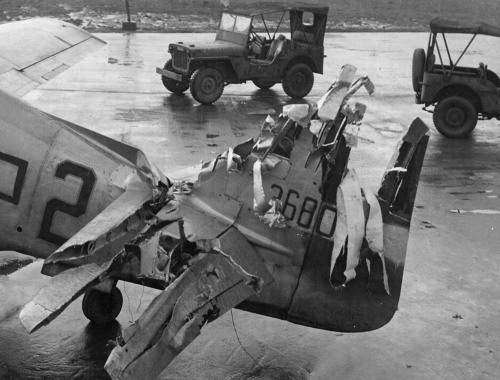 retrowar: A damaged tail on a P-51 Mustang