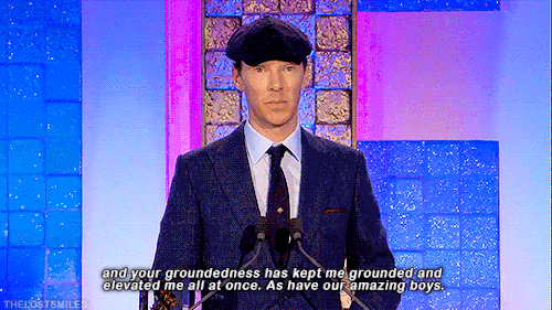 thelostsmiles:Benedict Cumberbatch thanks his wife, Sophie Hunter, and their two boys during his acc